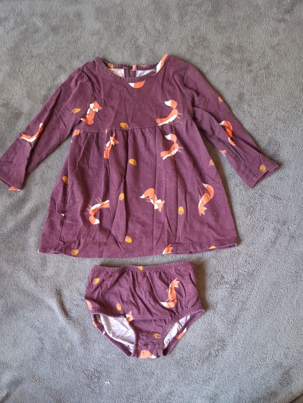 Girls Fox Print Long Sleeve Dress with Matching Bloomers - Plum